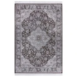 Samt Teppich Fransen Keshan Derya Silber Braun