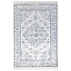 Orientalischer Samt-Teppich Fransen Antique Heriz Pastell-Farben Rose Himmelblau